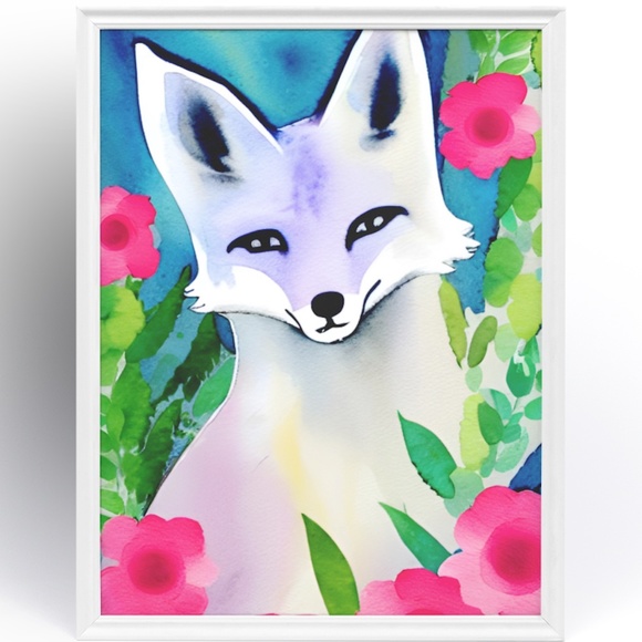 Wall Art Watercolor Floral Arctic Fox Illustration Print Poster Card Unframed - Picture 2 of 5